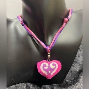 Pink Purple Dual Sided Fabric Artisan Hand Painted Heart Pendant Satin Necklace